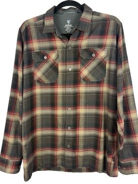 KÜHL Men’s Small Plaid Button Down Flannel Shirt Cotton Tencel Blend Red Gray